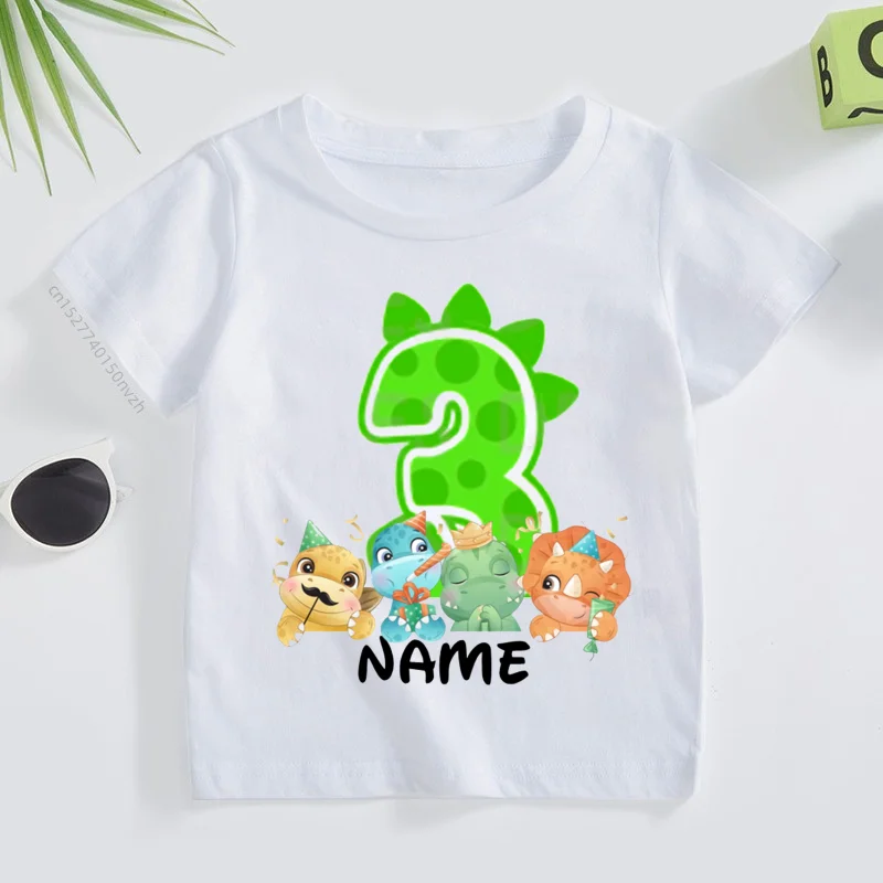 

2023 Cute Cartoon Dinosaur Birthday Number 1-9th Print Name Baby Kid Customer T-shirt Children Birthday Boy Present Kids Clothes