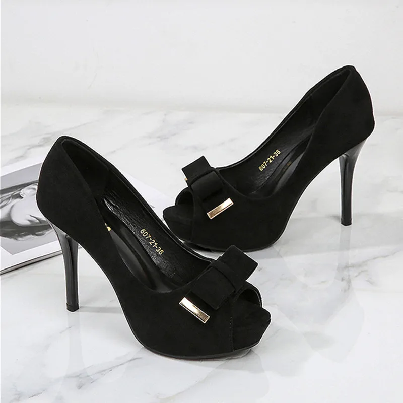 

Black OL Pumps For Women Summer Shoes Fashion Peep-toe Woman Catwalk High Heels Flock Female Career Heeled Shoes Sexy Club Shoes