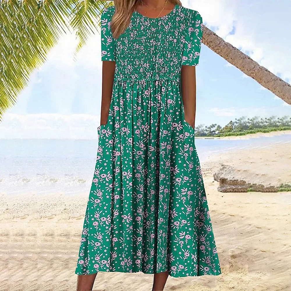 

Summer New Holiday Style European And American Foreign Trade Women's Thick Huayao Round Neck Oversize Skirt Dress/S-3XL