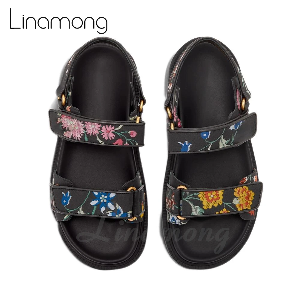 Multicolor Floral Embroidered Sandals Technical Fabric Leather Summer Shoes for Ladies Luxury Handmade Flats Sandals New in Sale