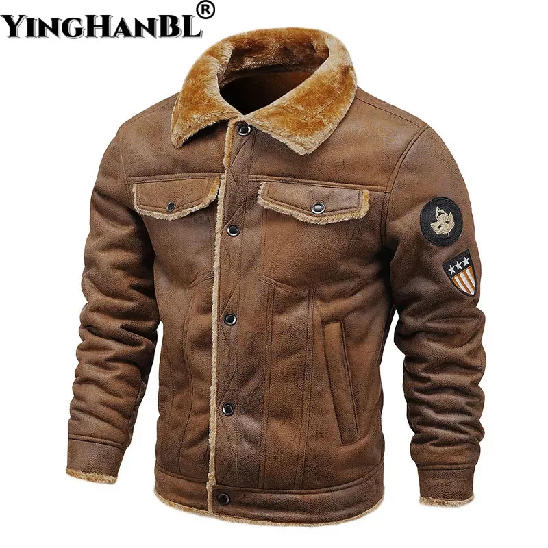 

2022 High Quality Winter Men's Vintage Lapel Fur Jacket Plus Fleece Warm Windproof PU Coats Brown Plush Lining Leather Jackets