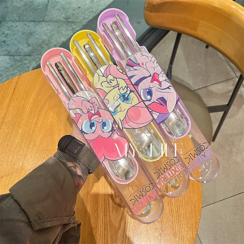 Фото Мой маленький пони, аниме 304, детская посуда из нержавеющей стали, Pinkie Pie, офисный работник, портативный ланч-бокс, ложка, набор палочек для еды, подарок №3