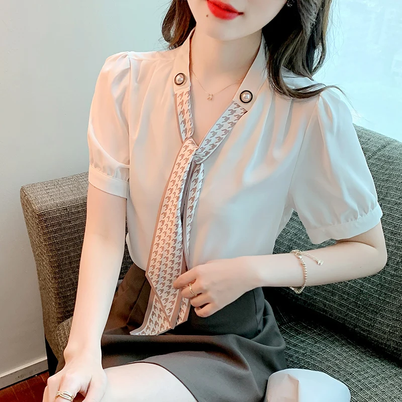 

2022 summer new Korean version of slim chiffon shirt ribbon soft little fresh sweet beauty blouse 869f,330-9