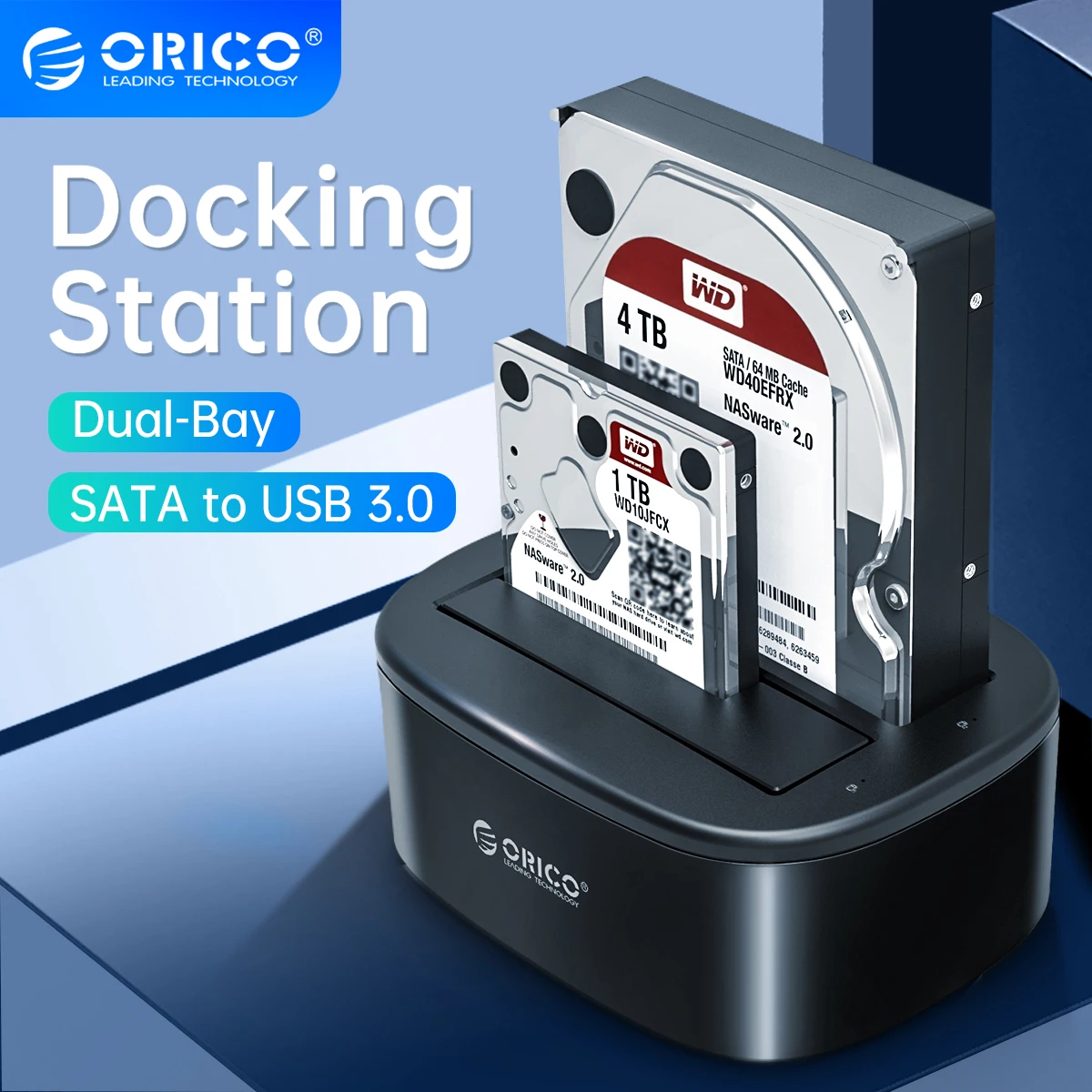 ORICO-estación de acoplamiento para disco duro de doble bahía, accesorio para HDD SSD SATA de 2,5/3,5 pulgadas a USB 3,0, con adaptador de corriente de 12V 3a