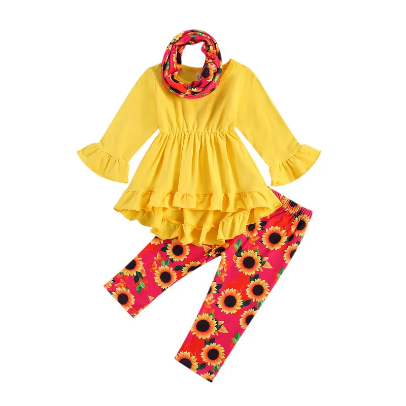 

От 1 до 6 лет Детская одежда для маленьких девочек, уличная одежда, 3 шт. в комплекте, желтый пуловер с длинным рукавом, платье, топы, цветочные ...