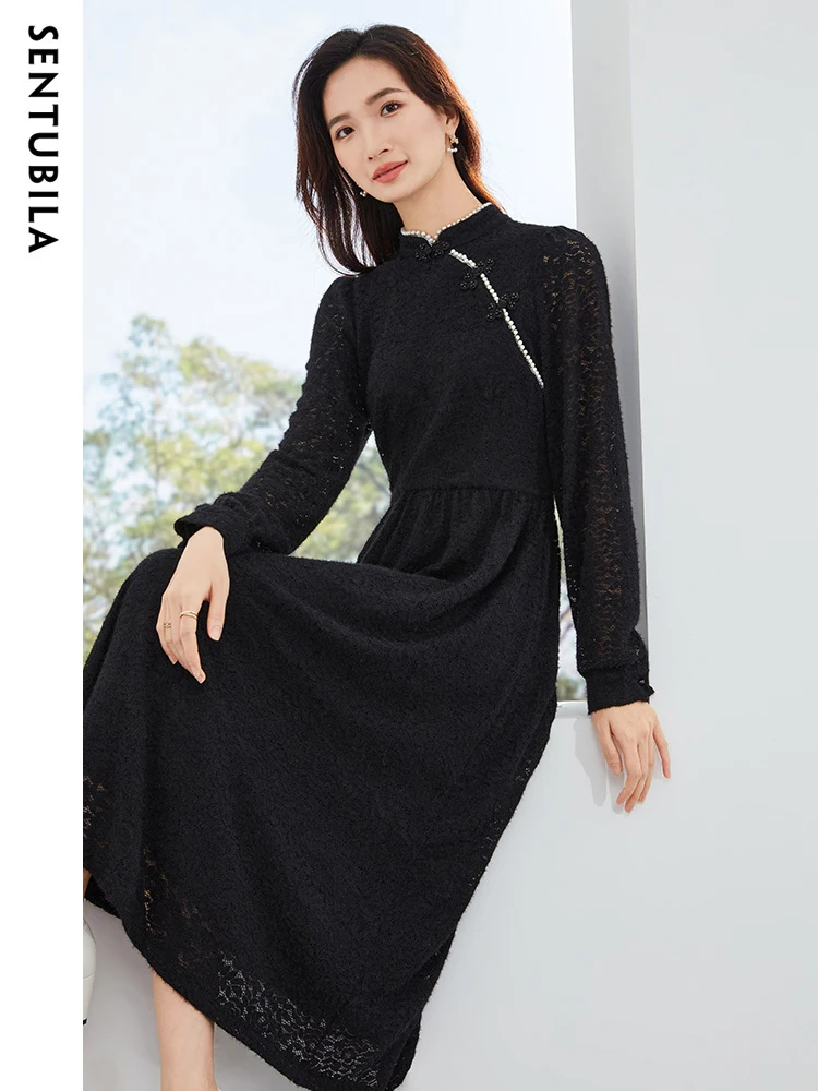 Женское кружевное жаккардовое платье Sentubila длинное ажурное в китайском стиле с