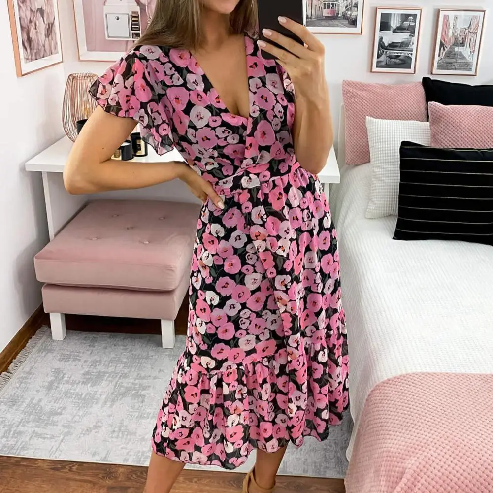 

Midi Dress Floral Print Lace-up Summer Slit Belt Midi dress Streetwear