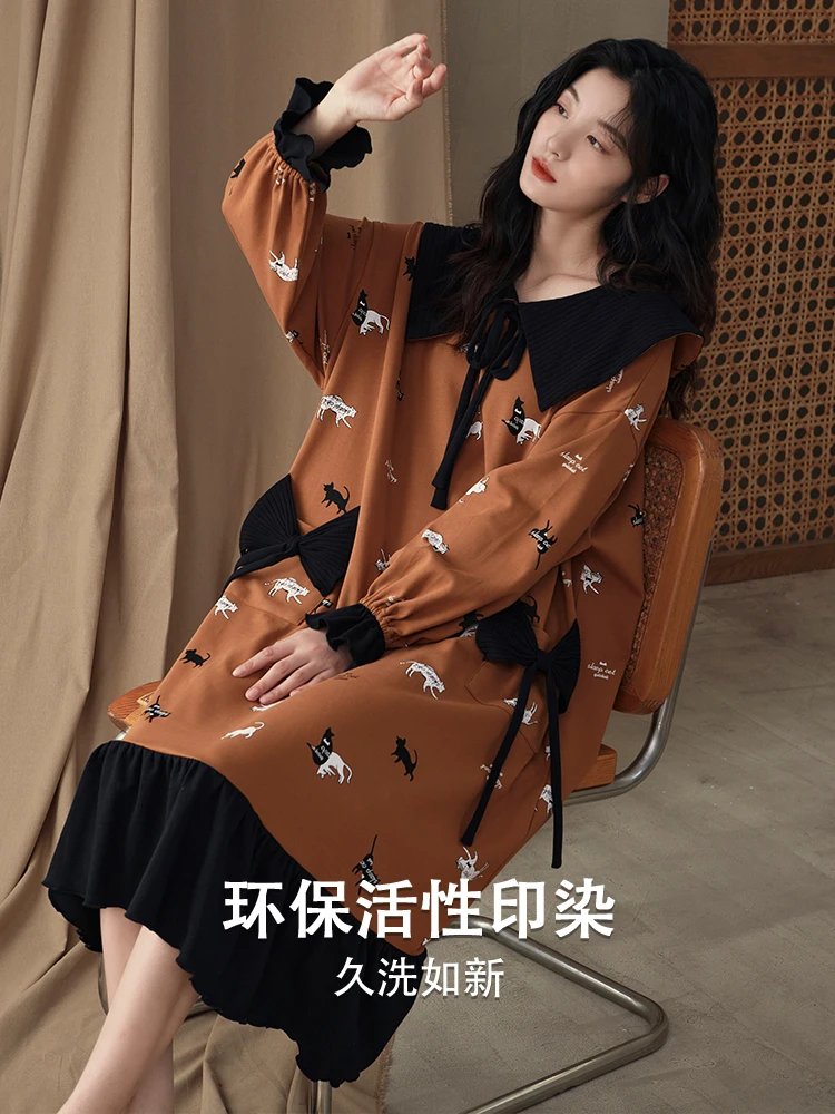 Nightdress Women's Spring and Autumn Winter Cotton Long sleeve Mid-Length Dress 2023 New Coffee Color High-Grade Home Wear