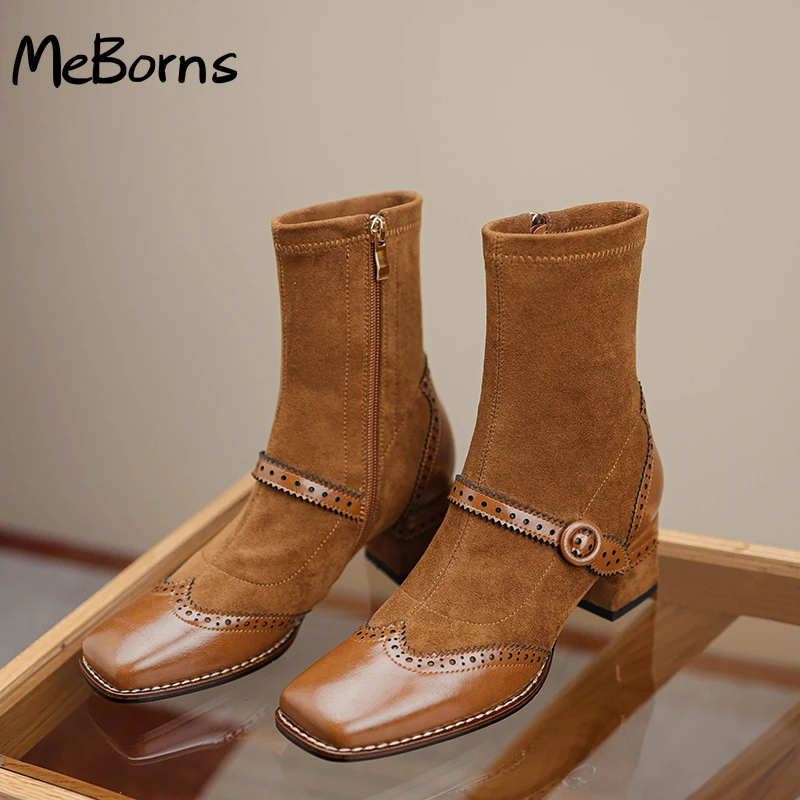 

Genuine Leather Mary Jane Women Boots Fashion Retro Buckle Ankle Boots Square Toe Thick Heel Handmade Autumn Winter Shoes Woman