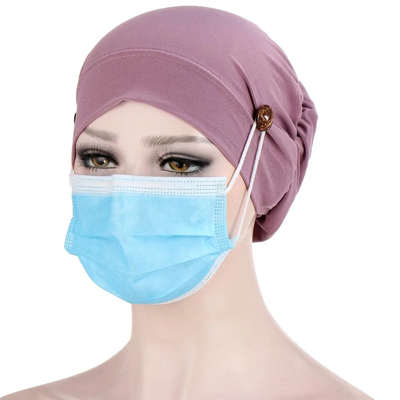 

One-size Button Imitation Muslim Bottoming Cap Headscarf Cap Multicolor Solid Color Chemotherapy Cap