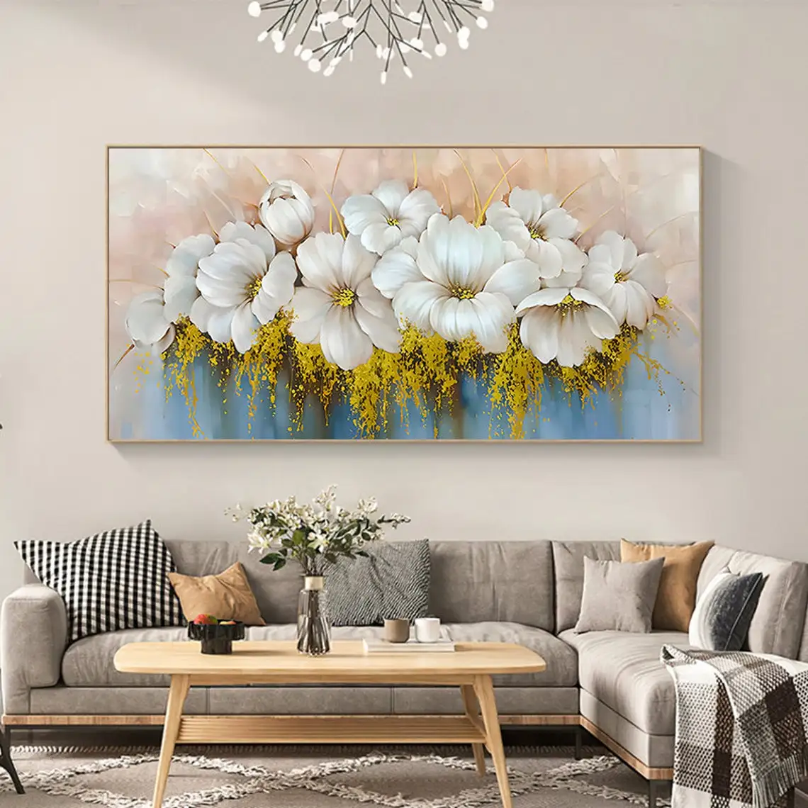 

Large White Flower Oil Painting on Canvas Abstract Gold Leaf Floral Acrylic Painting Modern Art Living Room Home Decor Wall Art