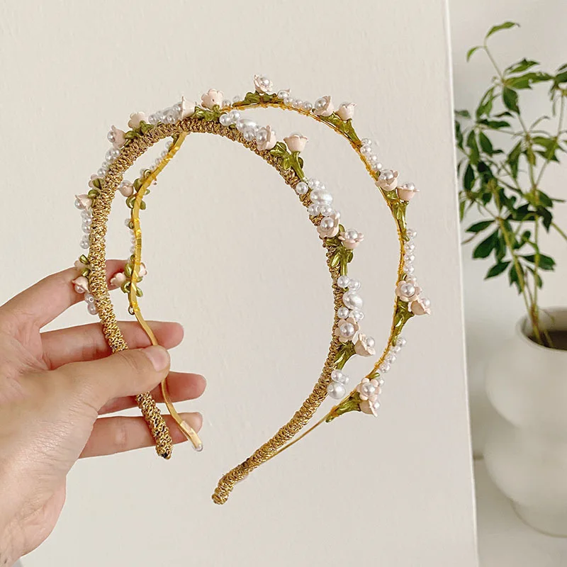 

Korean New Fashion Metal Resin Imitation Pearl Flower Hair Hoop Birthday Party Elegant Headband Women's Creative Hair Ornament