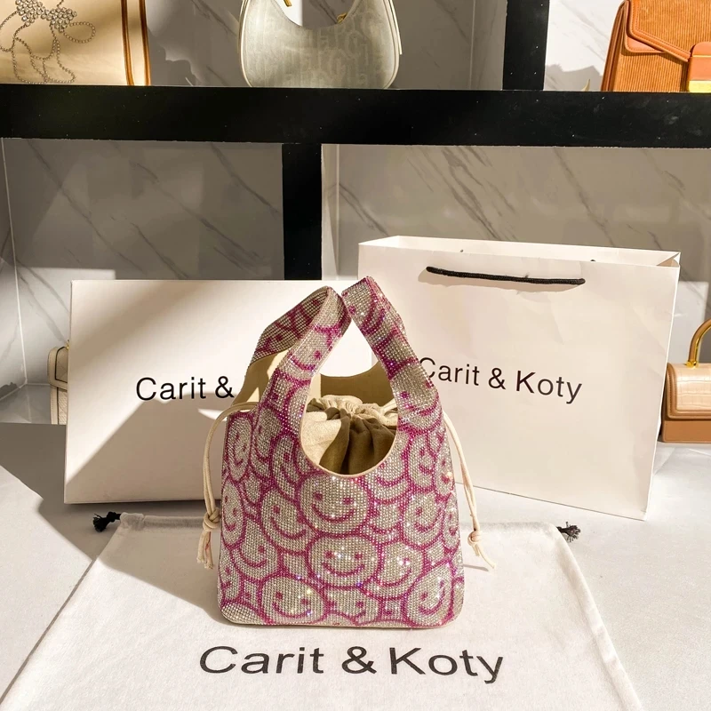 Cute Cartoon Printing Glitter Diamond Rhinestone Bucket Bag Crystal Shiny Evening Clutch Bag Party Bling Purse Women's Handbag