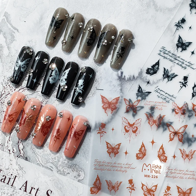 

2D Realistic Thin White Black Red Rose Swallowtail Butterfly Starlight Adhesive Nail Art Stickers Decals Manicure Ornaments