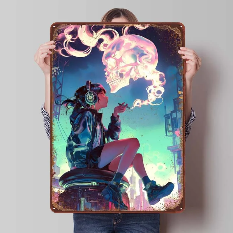 Аниме череп курительная девушка Ржавый металлический постер жестяной знак эльф