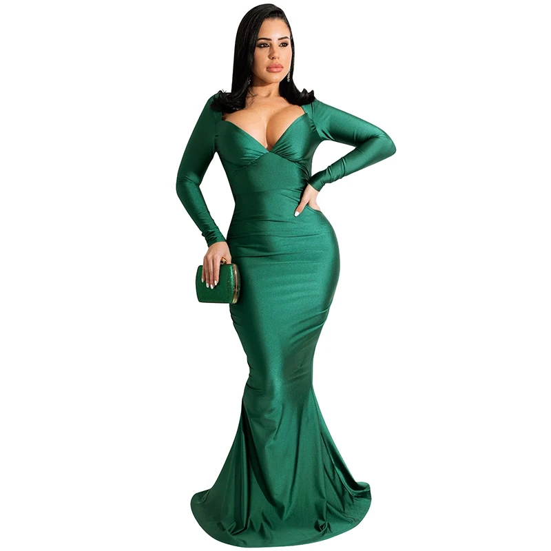 

Sexy Bodycon Satin Mermaid Maxi Dress V Neck Long Sleeve Backless Women 2022 Spring Autumn Elegant Evening Party Club Dresses
