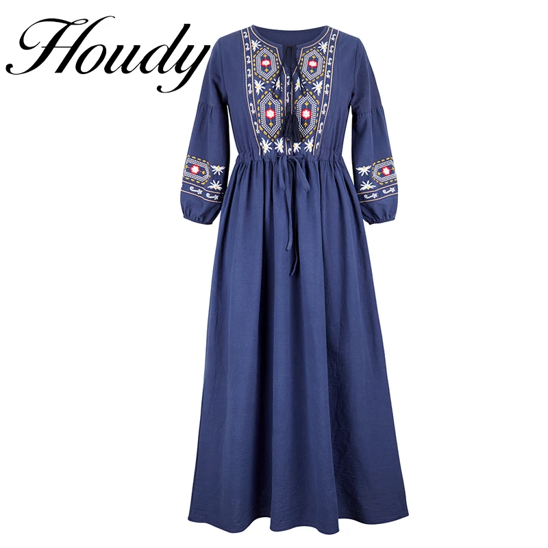 Fashion Pure Color Round Neck Lace Accessory Dress Loose Temperament Sleeve Embroidered Cotton Linen Dress Factory Direct Sales