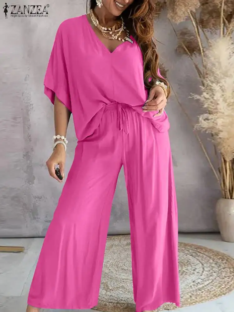 

ZANZEA Loose Half Sleeve Top 2pcs Outfit Women Casual Pant Sets Summer Wide Leg Pant Matching Sets Solid Elastic Waist Tracksuit