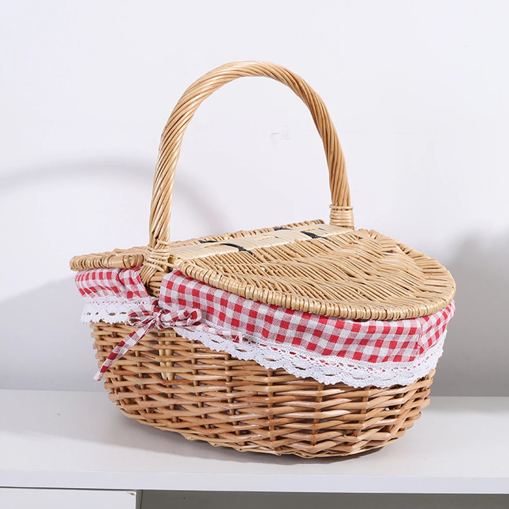 

1pc Woven Basket Oval Antique Style Willow Wicker Picnic Outdoor Shopping Storage Basket W/Handle Picnic Hiking