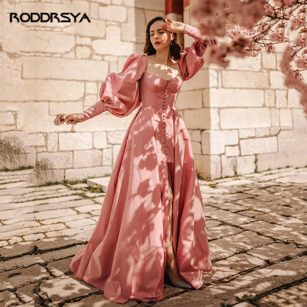 

Pink Elegant Long Puff Sleeves Square Neck Satin Prom Dresses Split Lace-up Backless Princess Party Gowns Floor Length Modern