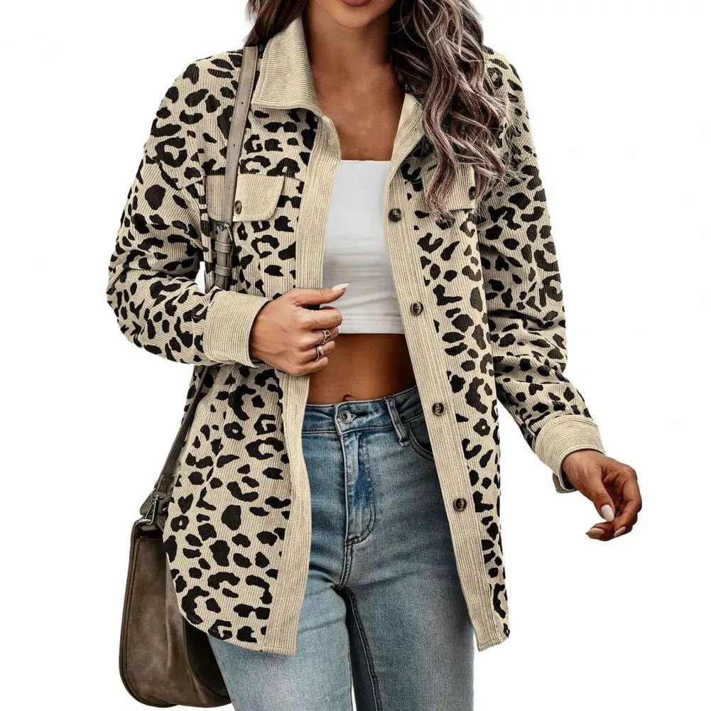 

Spring Autumn Thin Shirt Coat Women Lapel Long Sleeve Single Breasted Leopard Patchwork Color Loose Jacket Women Outwear