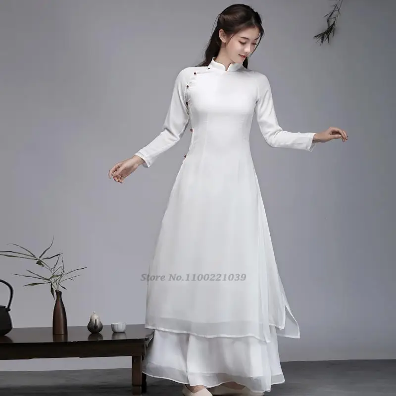 

2022 chinese dress cheongsam qipao party oriental long dress pure white cotton linen women elegant qipao robe retro vestido