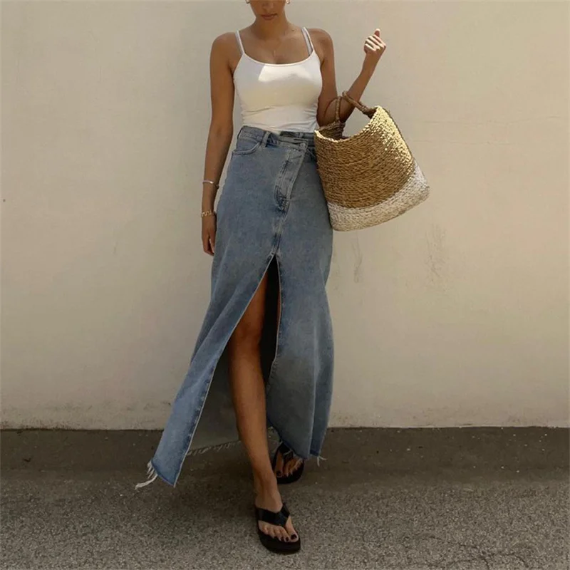 

2023 New Summer Vintage Loose Chic Skirt for Women Elegant High Waist Office Lady Long Skirt Fashion Denim Skirt Female Clothing