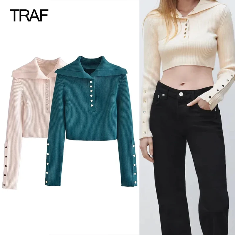 

Бежевый вязаный свитер TRAF, Женский пуловер с воротником-поло, Женский вязаный свитер с длинным рукавом, Женская Осенняя повседневная модель...