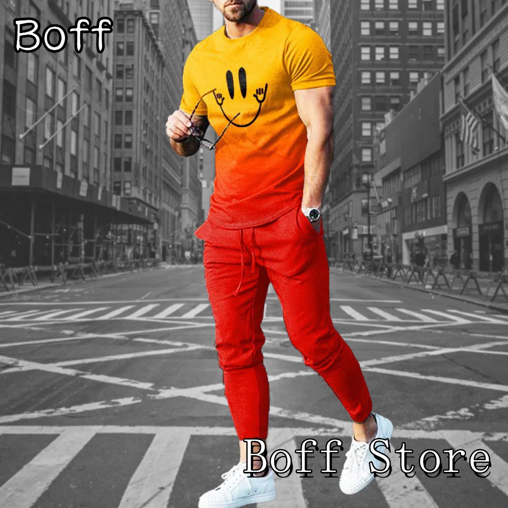 

Summer Men Tshirt Trousers Set 2 Pieces Casual Tracksuit Casual Outfit Male Fashion Trend Jogging Suit Gradient Color Clothing