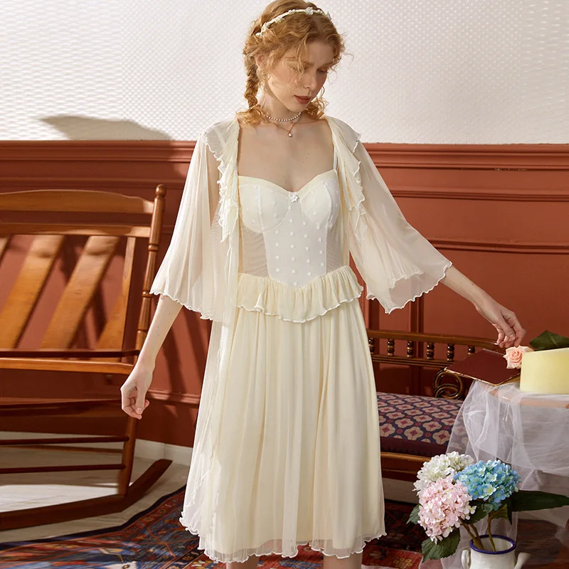 Women's Retro Chic Slim Fit Gauze Stitching Slip Dress with Removable Chest Pad Two Piece Set Nightgowns Sleepshirts Sleepwear