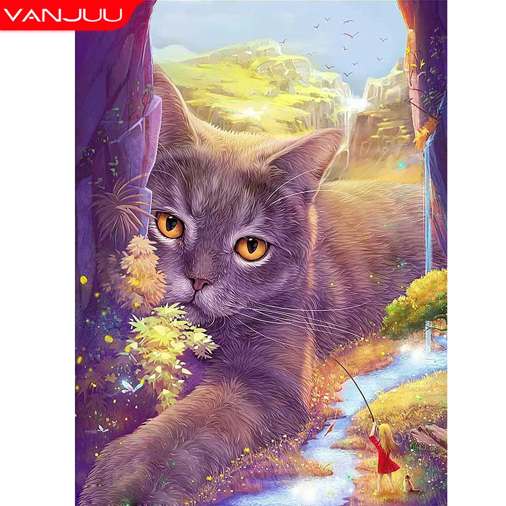 

5D Diamond Painting Animal Diamond Mosaic Round Cartoon Cat Mosaic Home Purple Landscape Rhinestone Painting Decoration