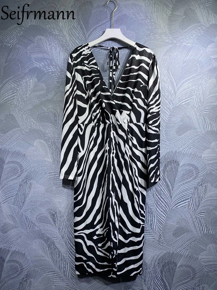 Seifrmann High Quality Autumn Women Fashion Designer Pencil Midi Dress Long Sleeve Zebra Print High Waist Elegant Slim Dresses