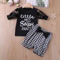 humor bear girls clothes sets 2022 summer short sleeves letter printed tops plaid shorts fashion lovely clothing