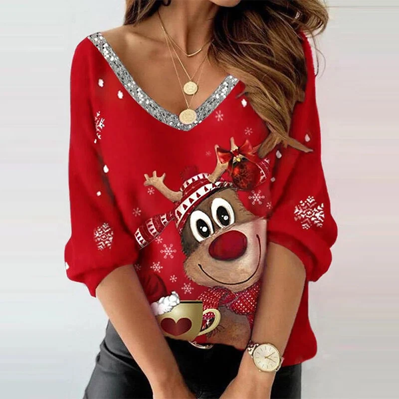 

2022 New Arrival Women Christmas Tops Fashion V Neck Shinny Pullover Ladies Spring Long Sleeve Elk Print Loose Blouse Blusa
