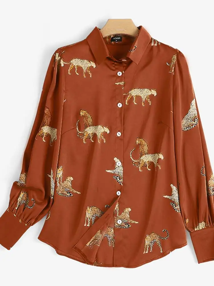 

Рубашки с принтом VONDA 2022, Женская винтажная Повседневная Блузка с длинным рукавом и принтом тигра, топы, рубашки с лацканами и пуговицами, же...