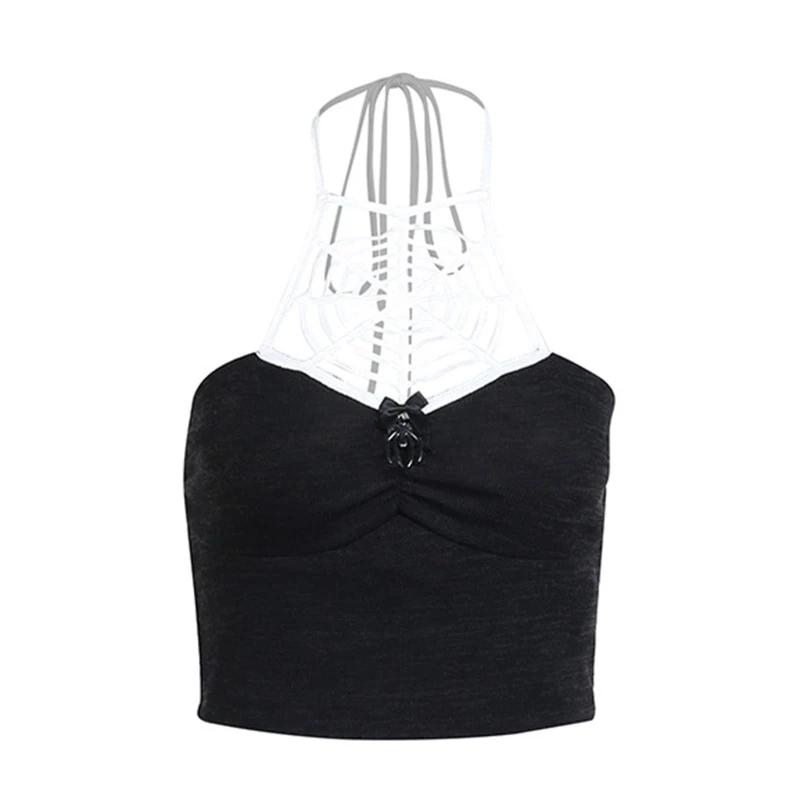 

Women Sexy Halter Crop Top Halloween Spider Web Strappy Bowknot Camisole Vest T8NB