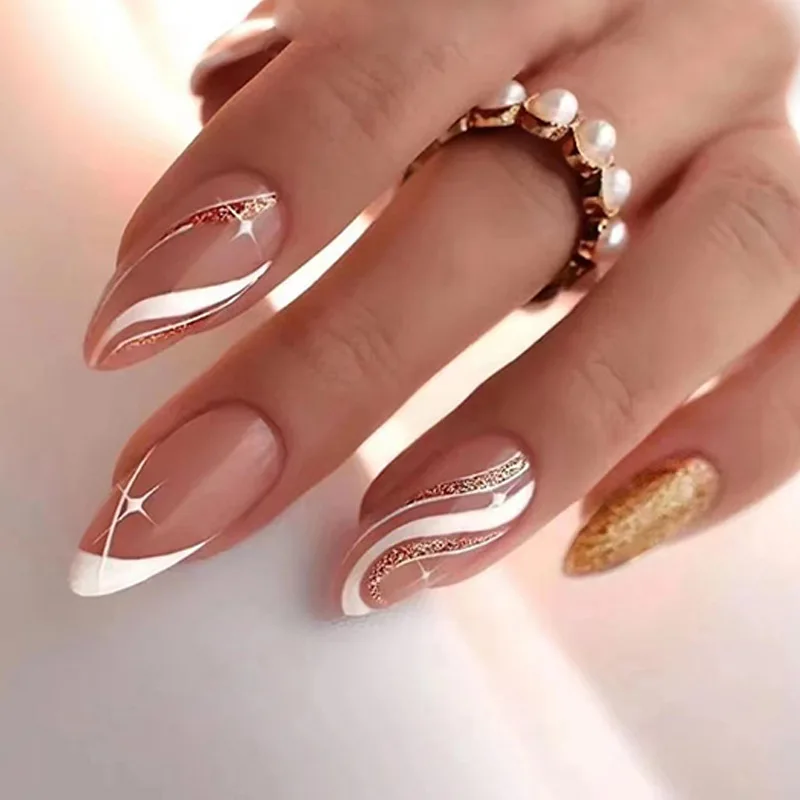 

24pcs New Press On Nails Oval Head Glitter Gold Foil French False Nail Patch Almond White Wave Star Y2k Design Artificial Nails