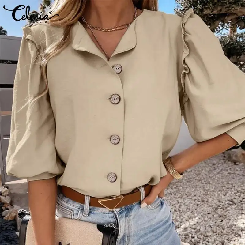 

Свободная Повседневная Блузка Celmia, женская блузка с V-образным вырезом и оборками, модная однотонная модель 2022, Длинный Элегантный Топ из ис...