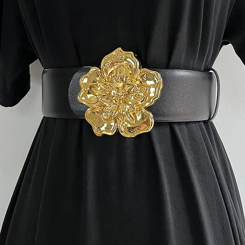 New Designs Double Sides Available Big Flower Metal Buckle Genuine Leather Wide Cowhide Belt Women Decorative Skirt Waist Belts