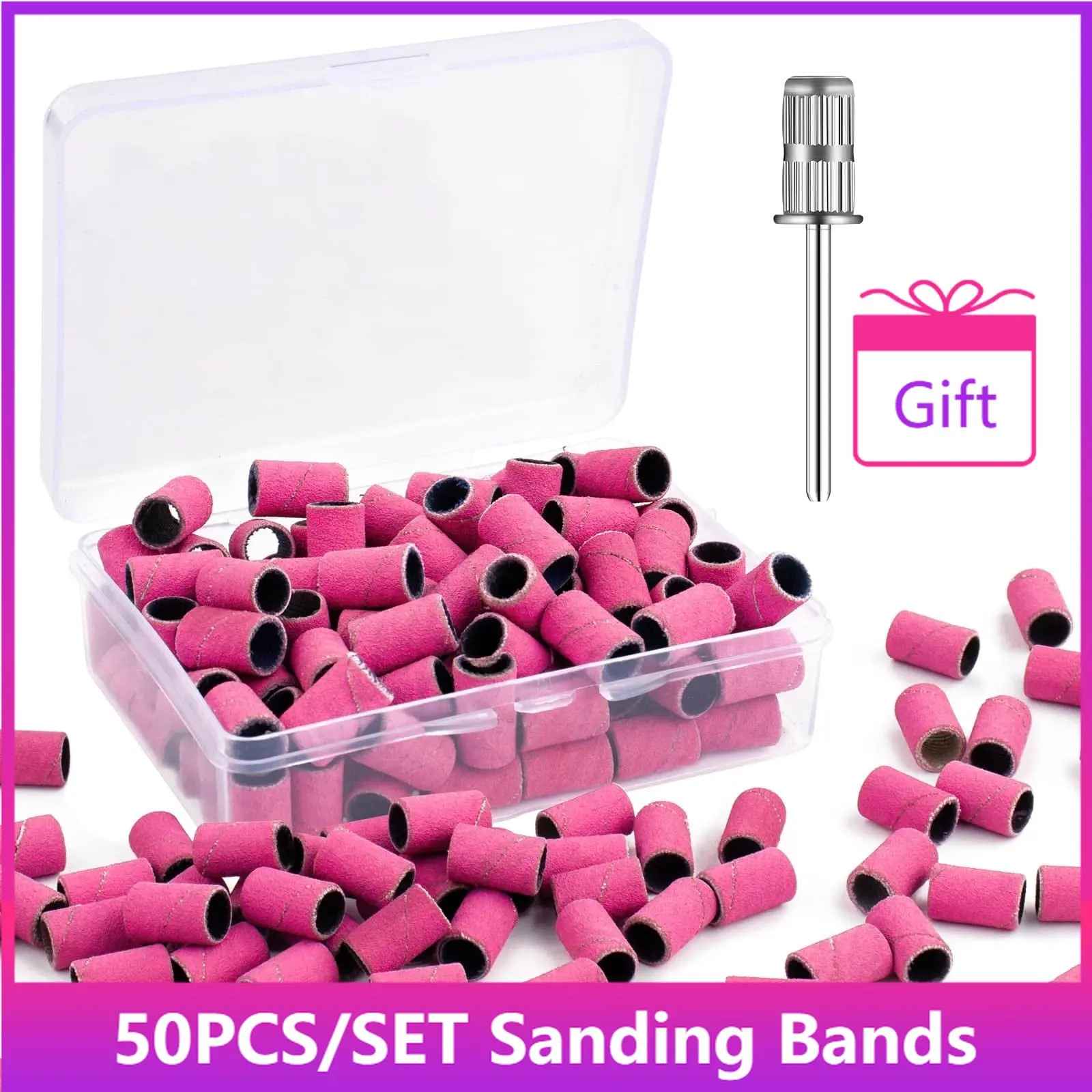 

50pcs/Set Sanding Bands with Mandrel Nail Drill Bits Pink 240 Fine Grit Sand Band for Nail File with Storage Box for Manicure