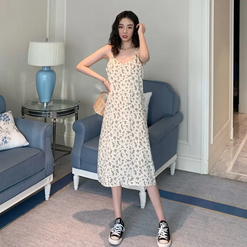

New Summer Women Spaghetti Strap Vestidos Sexy Backless Mid Long Sundress All Match Korean Fashion Floral Base Slip Dress