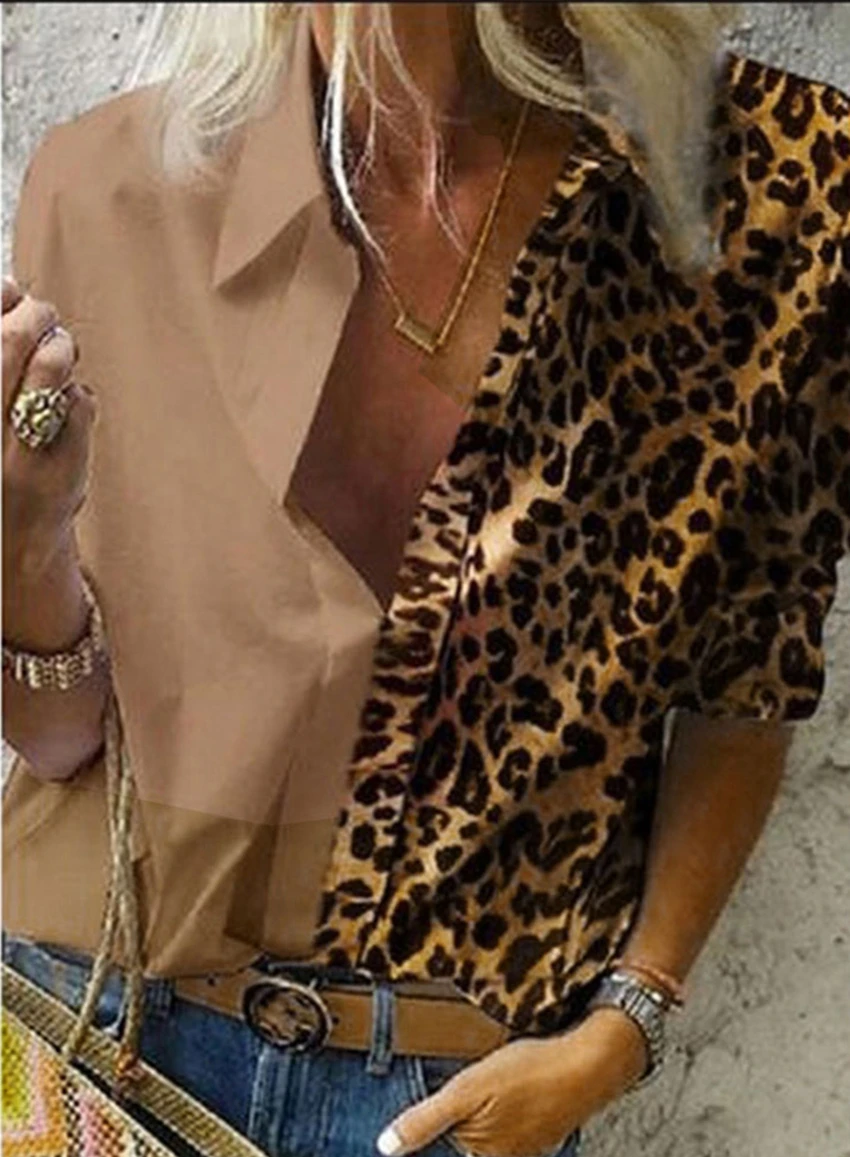 

Блузка женская оверсайз с длинным рукавом, отложным воротником и леопардовым принтом