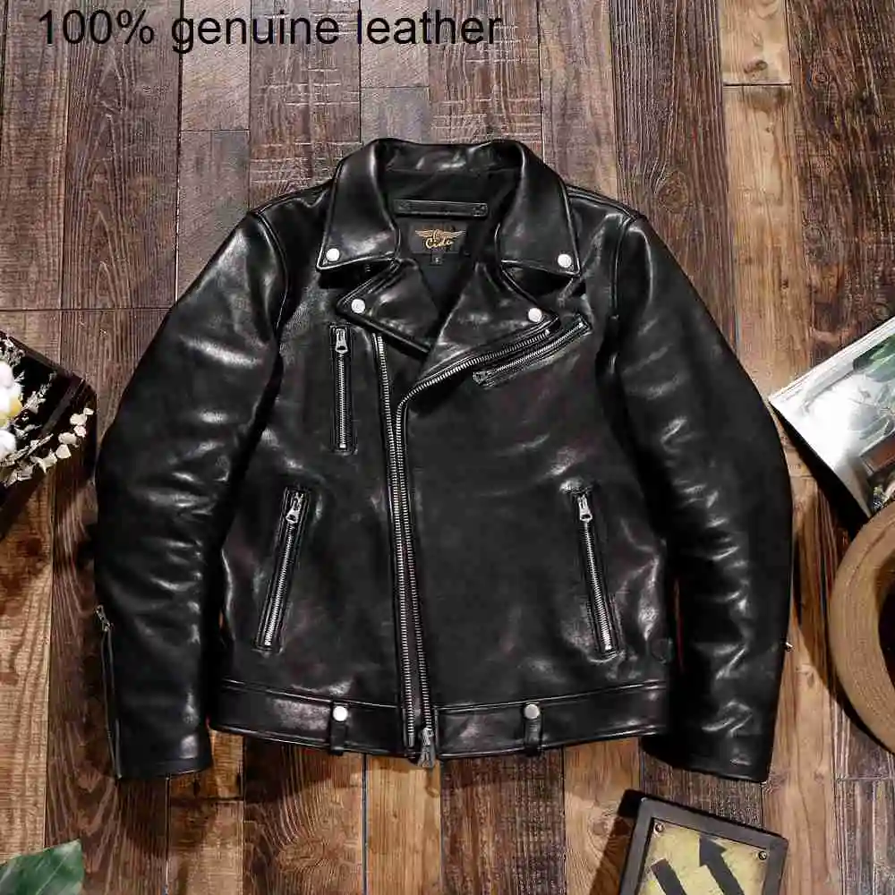 

rider Double High jacket.classic quality biker tanned 1.0 thick sheepskin coat.men fashion black leather шевро