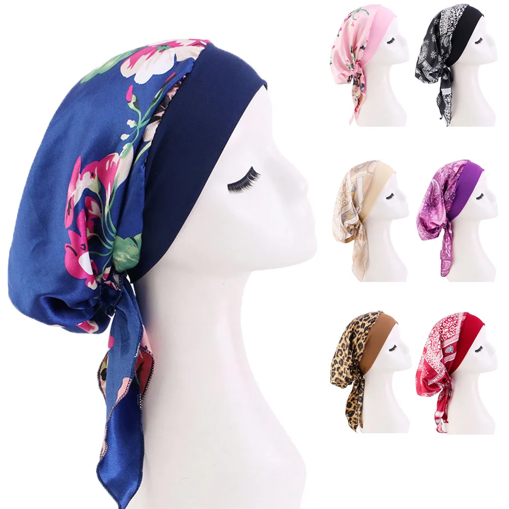 

Satin Print Sleep Night Cap Stretch Durag Wide Band Hair Care Bonnet Hat Women Muslim Hijab Pre-Tied Hat Headscarf Headwear Wrap