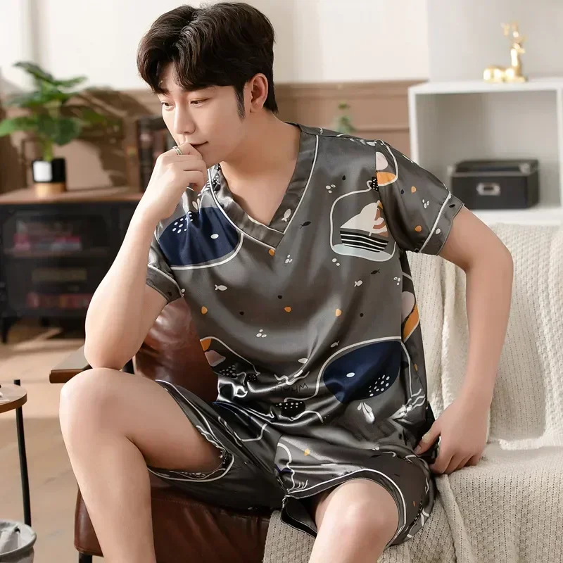 

Lounge Sleepwear Pajama Man Satin Men Two Set Silk Nightwear Shorts Pajamas Clothes Home Summer Pullover Sleep Piece