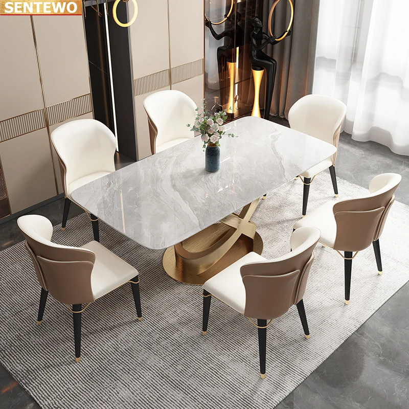 

Дизайнерская Роскошная обеденная комната, мраморная стена, набор из 4, 6, 8 стульев, стол, кресла, камень, нержавеющая сталь, Золотая основа