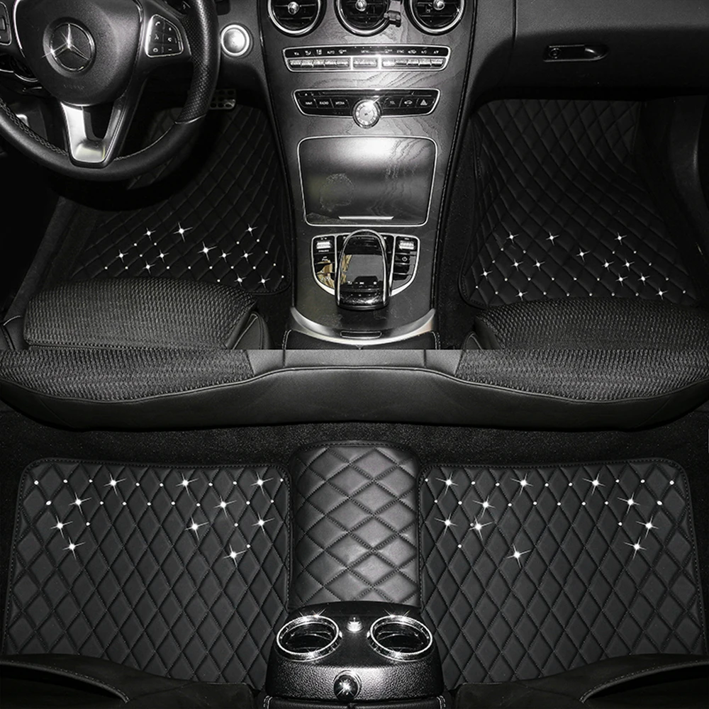 

Universal Leather Car Floor Mats For Women Auto Foot Pads Carpets Rugs Covers Diamond Bling Car Interior Accessories