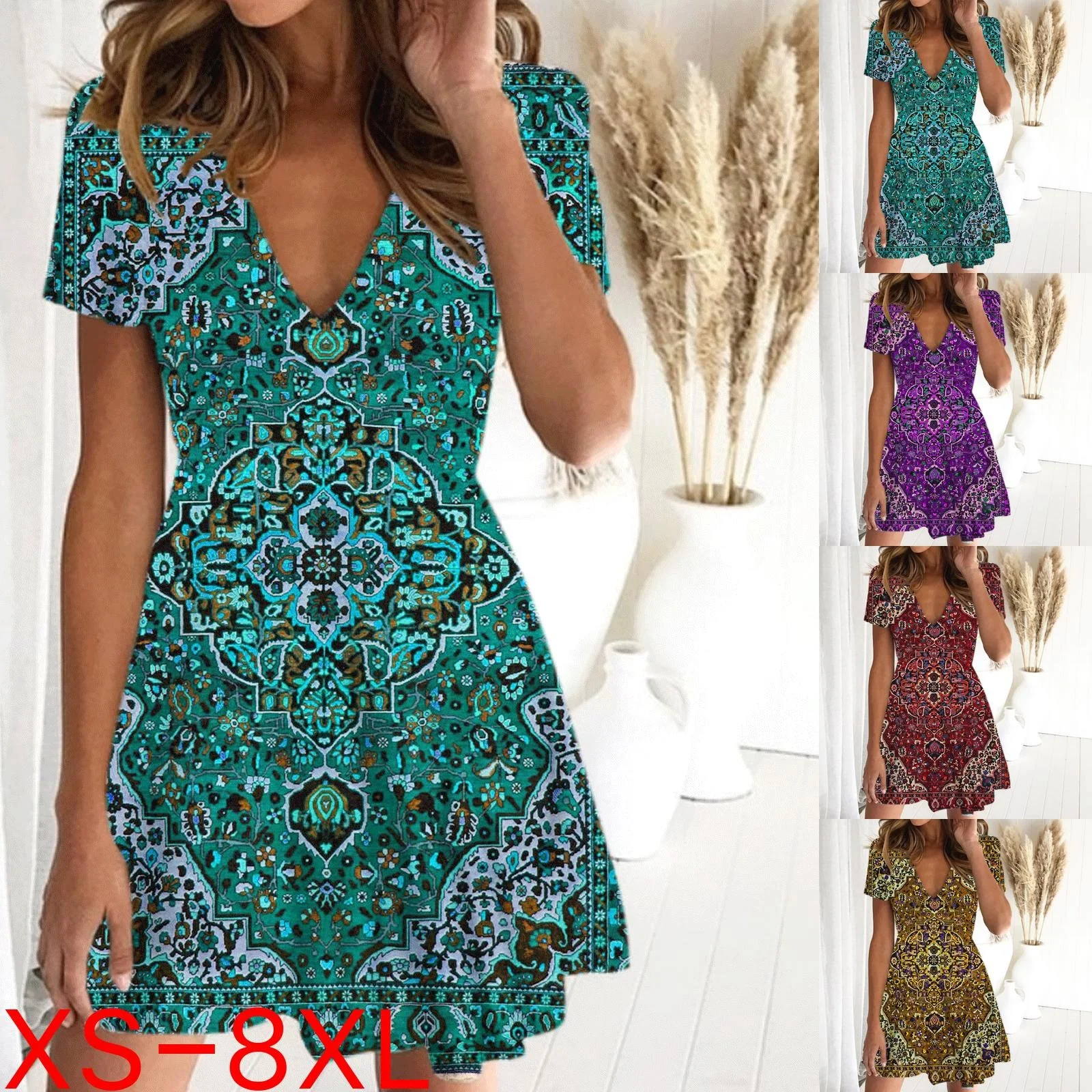 

Women V-neck Short Sleeve Mini Plus Size Girl Dress Skirt Top Basic Sweet Elegant Dress