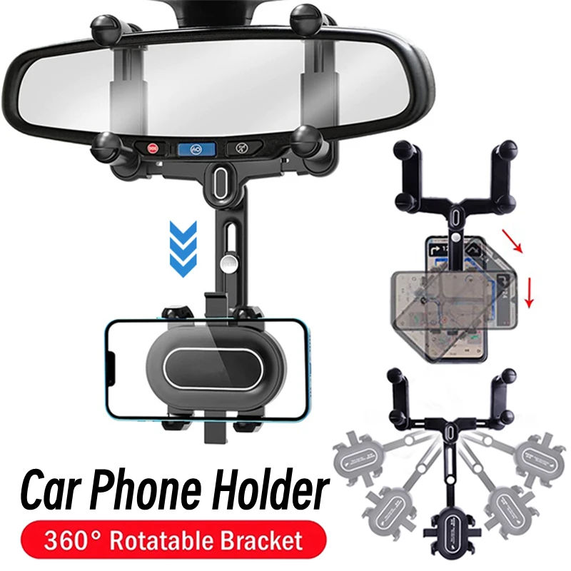 Rearview Mirror Mobile Phone Holder In Car 360° Rotatable Car Phone Support Stand Adjustable Telescopic Phone Holder Mount 2023