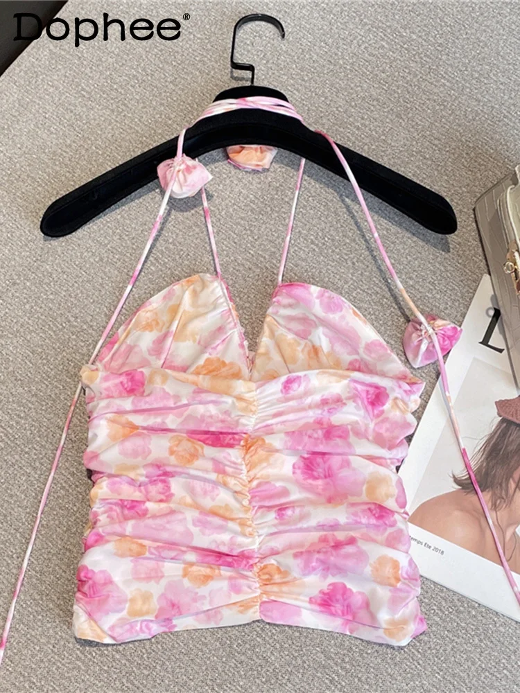 

Женский топ с открытой спиной и лямкой на шее, пикантный модный элегантный плиссированный топ с принтом, весна-лето 2022